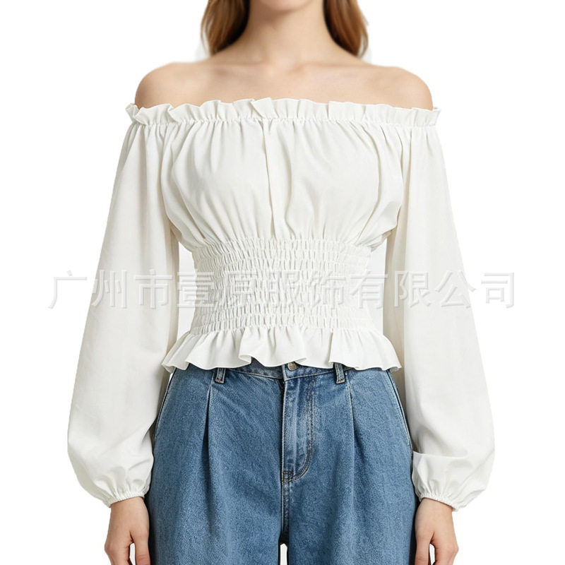 欧美中世纪服装2026亚马逊新款一字肩长袖衬衫纯色收腰上衣女