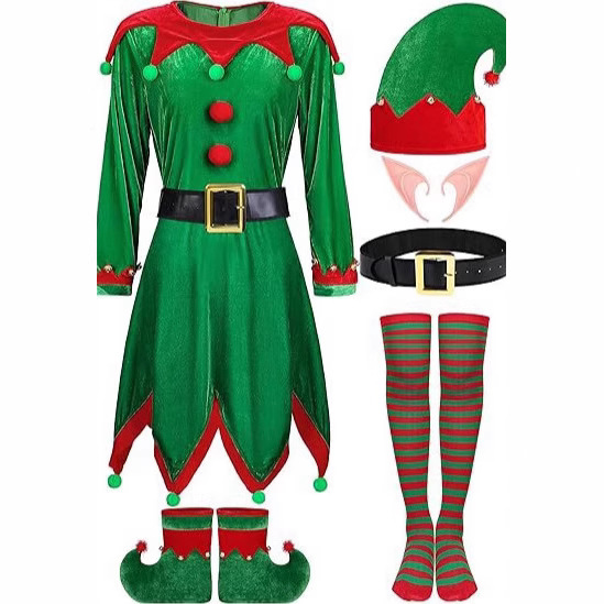 2025女士圣诞精灵服装套装天鹅绒连衣裙cosplay服装舞台表演