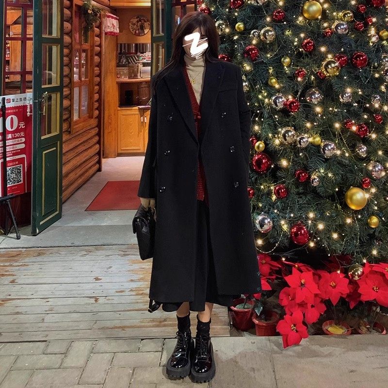 黑色西装毛呢大衣女2025秋冬季新款赫本风高级感加厚正肩呢子外套