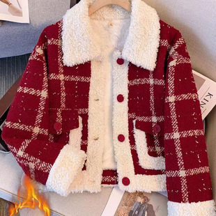 红色小香风外套女2025新款今年流行爆款秋冬加绒加厚小个子羊羔毛