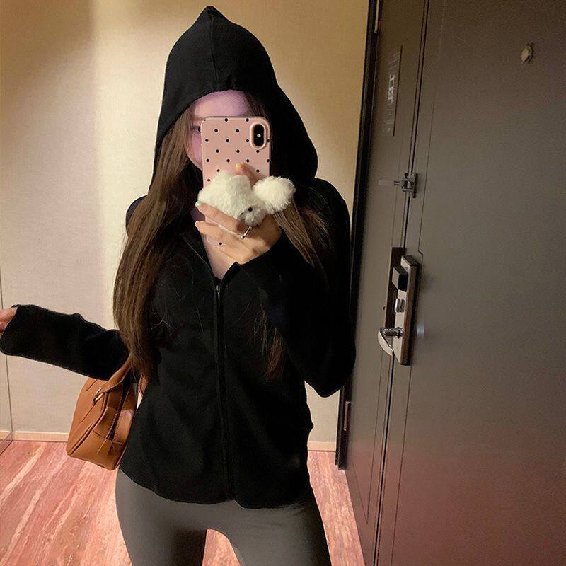 新款黑色连帽针织开衫外套女生弹力修身显瘦拉链连帽短外套针织衫