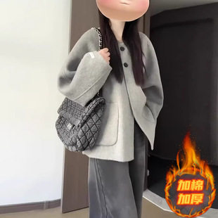 2025新款韩系赫本风纯色灰色毛呢外套女秋冬季小个子加厚短款大衣