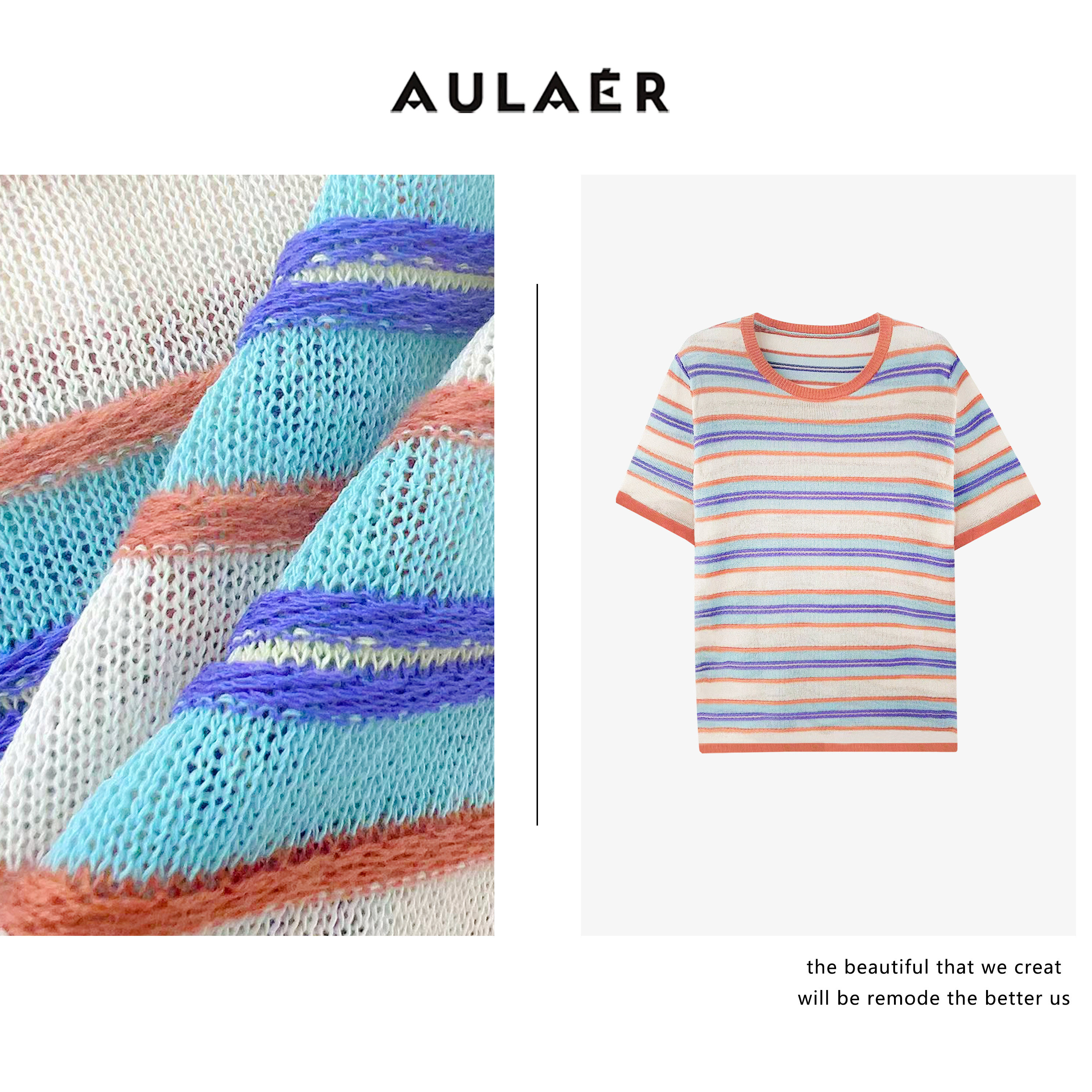 AULAER【钱老板】撞色立体针法亚麻天丝凉感短袖针织衫ALE541678