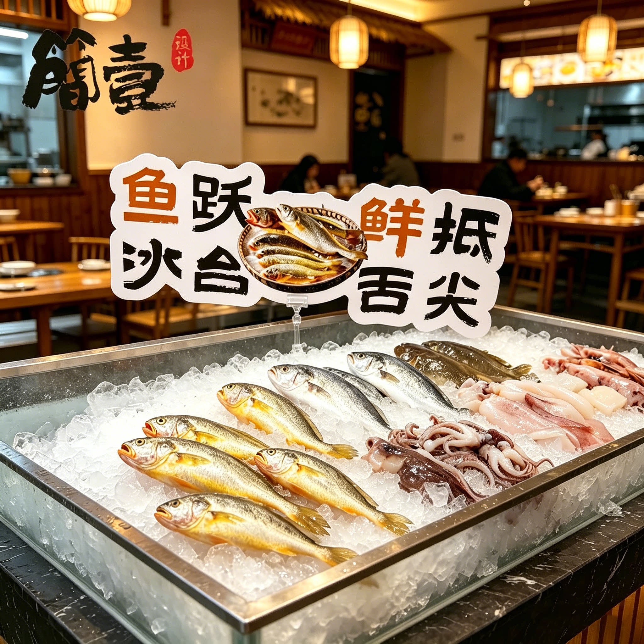 山野土菜馆明档海鲜点菜区手举牌