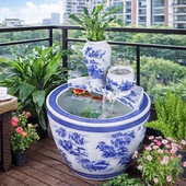 青花瓷水缸生态古法鱼缸客厅阳台金鱼缸瀑布循环流水造景过滤增氧