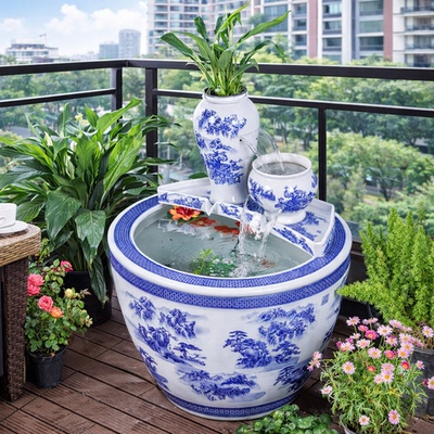 青花瓷瀑布循环过滤陶瓷金鱼缸