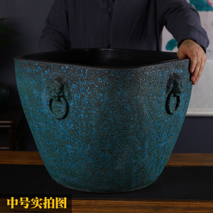 仿古鱼缸大号陶瓷鱼缸客厅落地复古家用造景荷花缸方形粗陶养鱼盆