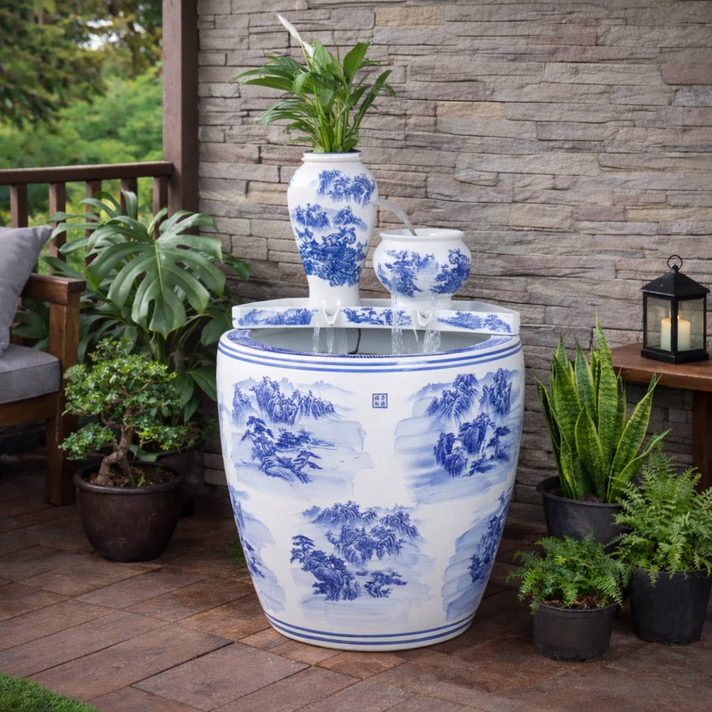 青花瓷水缸生态古法鱼缸客厅阳台金鱼缸瀑布循环流水造景过滤增氧