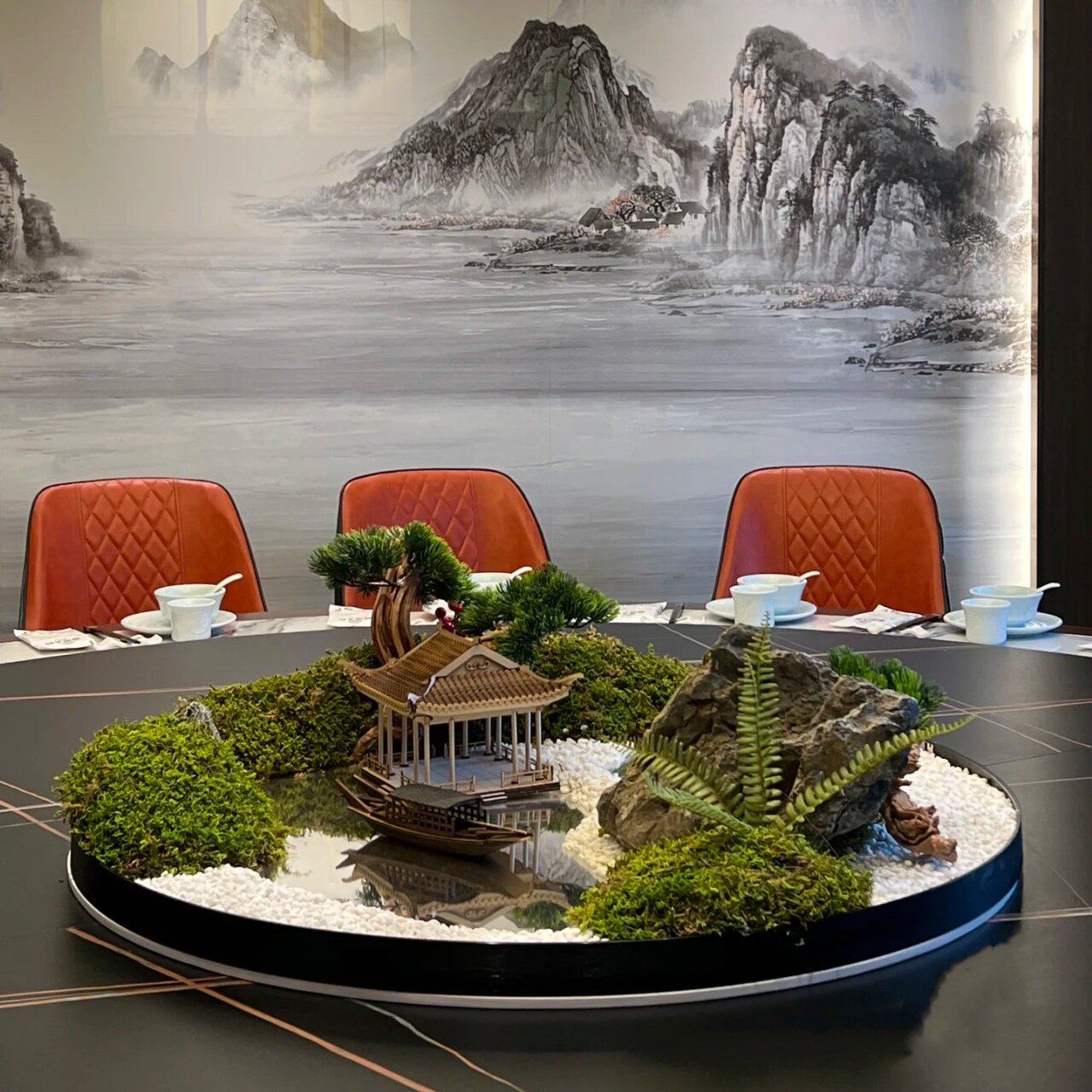 酒店大圆桌装饰摆件永生苔藓迎客松创意餐桌花转盘中间景观摆台,家居饰品,餐桌花艺,淘宝优惠券,粉丝福利购,淘宝优惠卷