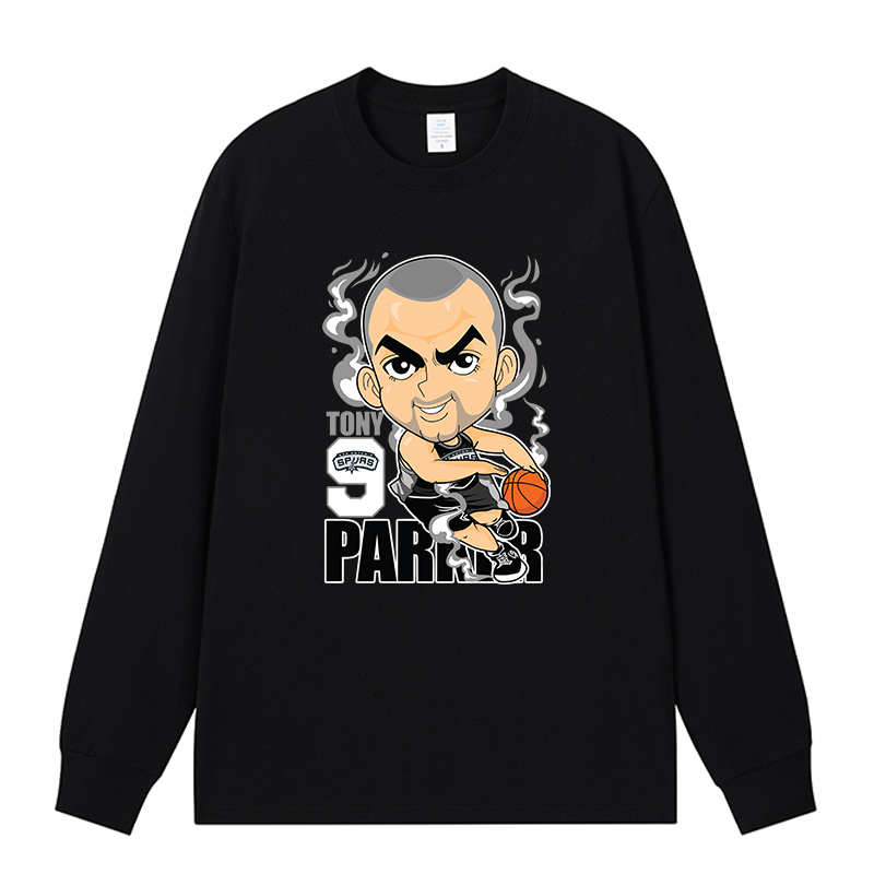 马刺帕克长袖T恤美式复古篮球运动上衣健身徒步纯棉数码印花定制