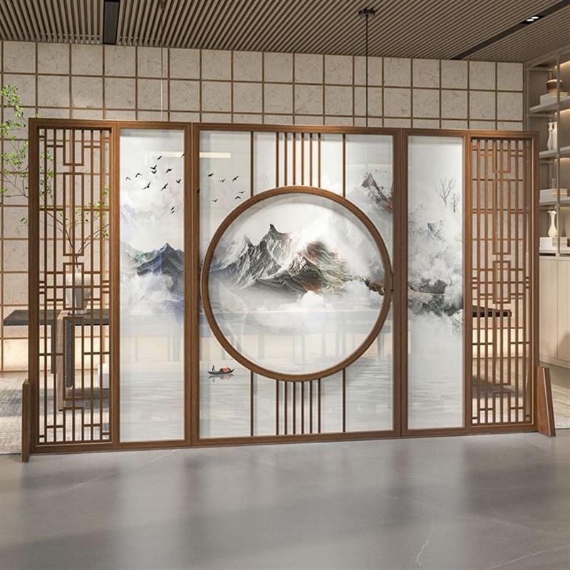 新中式屏风隔断客厅玄关进门遮挡办公室禅意茶室花鸟座屏装饰