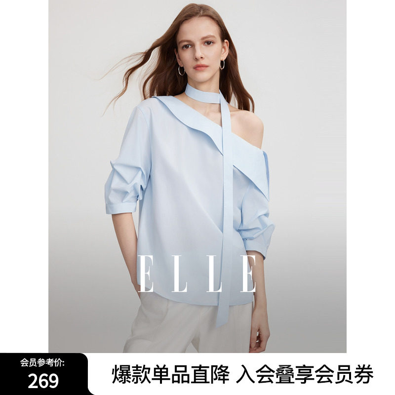 【雾蓝月光曲】ELLE法式斜肩气质衬衫女2025夏新款飘带设计感上衣图片