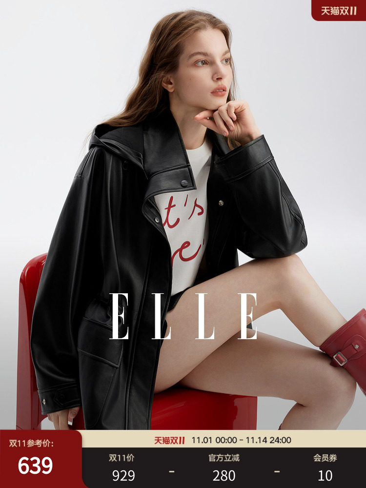 Женская кожаная ветровка ELLE modern с капюшоном, осень 2025, новинка, ветрозащитный профиль, высококачественный свободный топ для пригородных поездок Изображение 1