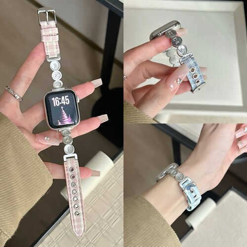 苹果手表格子拼色纽扣表带女款