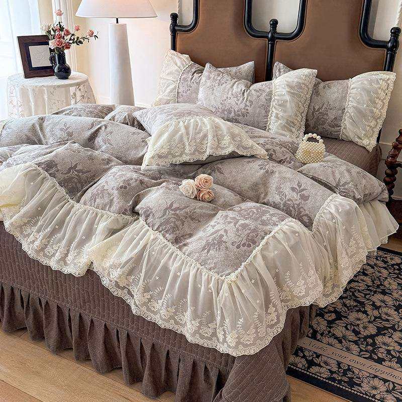 跨境法式复古双层花边大蕾丝木棉皱皱纱床盖款四件套田园风床品批