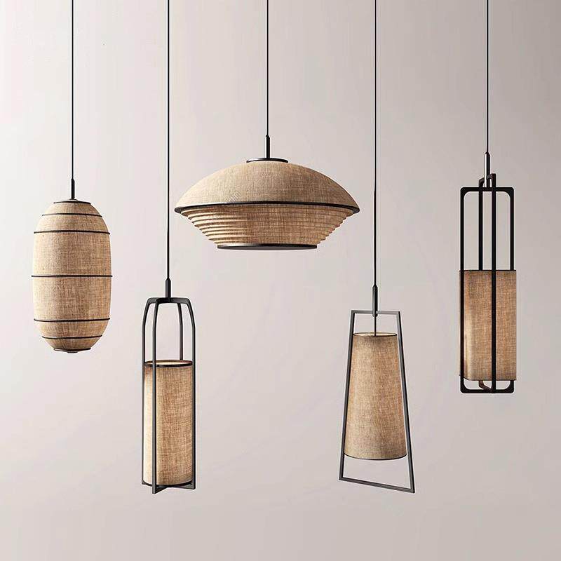 新中式亚麻布艺小吊灯吧台单头茶室书房国风禅意餐饮店楼梯间吊灯