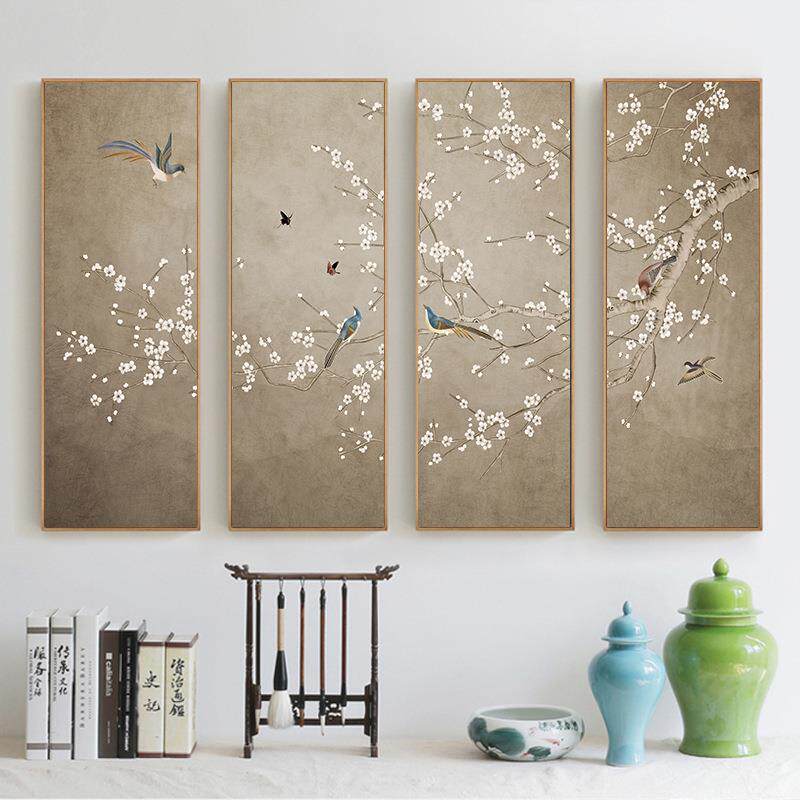 新中式客厅装饰画竖版玄关壁画四条屏画餐厅挂画茶室墙画工笔花鸟