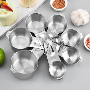 跨境304不锈钢刻度量杯匙勺7件套装烘焙量工具带圆头计量器定量勺