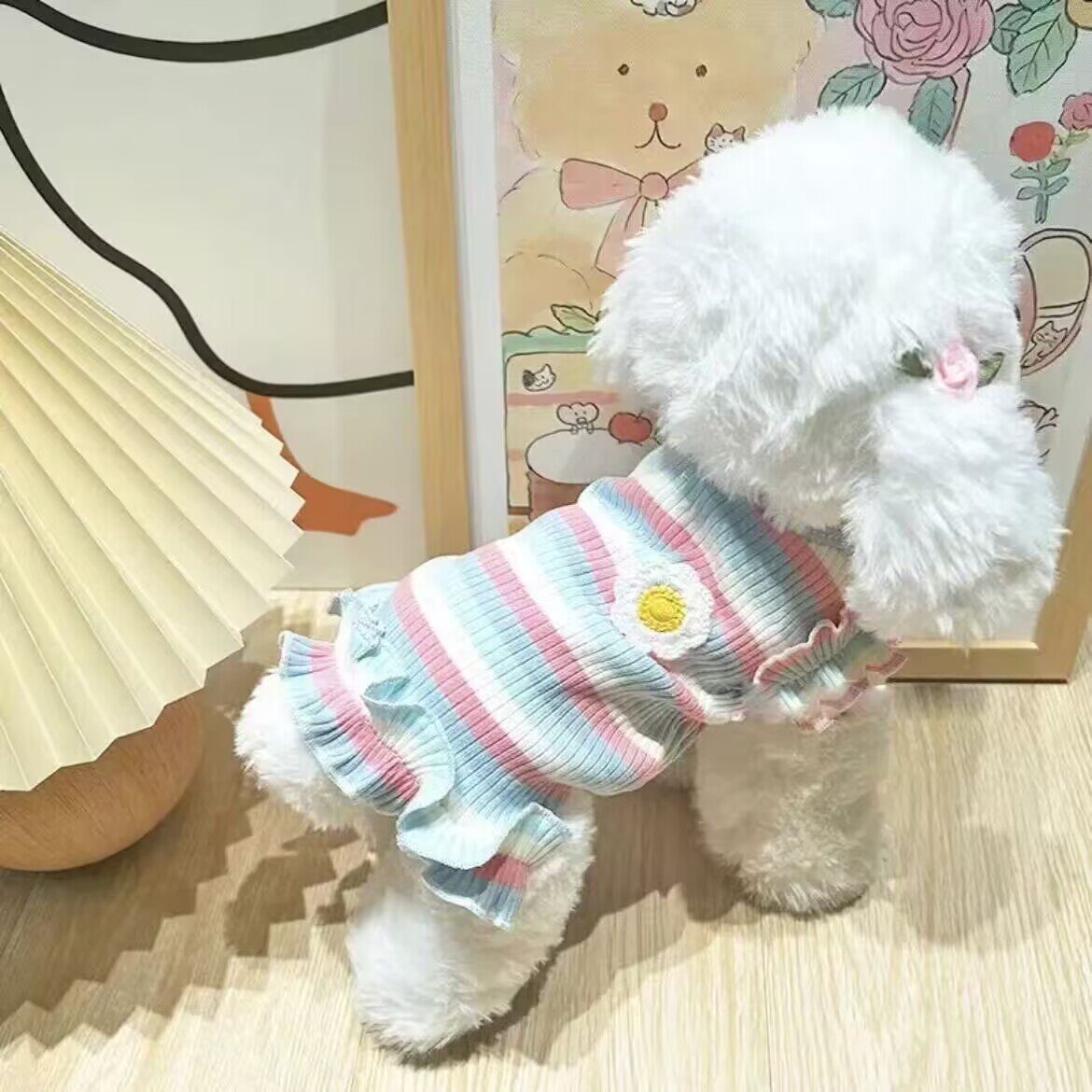 ins狗狗猫咪衣服薄款清爽宠物幼犬春夏装泰迪比熊彩条纹T恤连衣裙