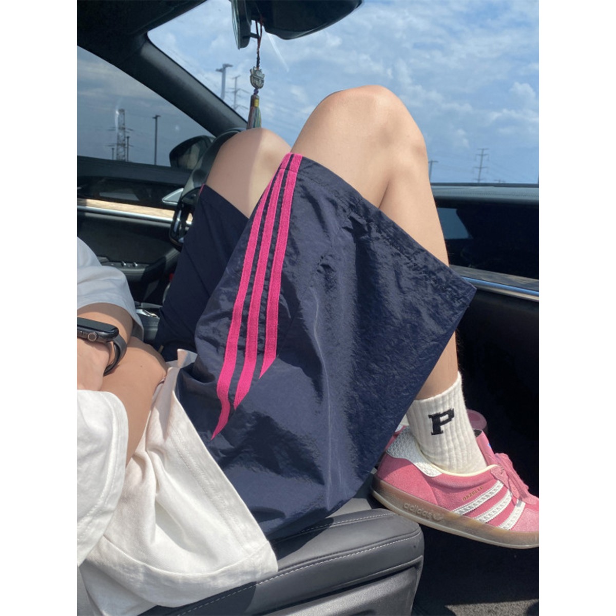 美式速干条纹短裤女款夏季薄款外穿运动五分裤休闲直筒工装六分裤