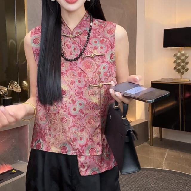 时尚复古新中式网红百搭无袖马甲小衫夏季国风印花盘扣衬衫上衣女