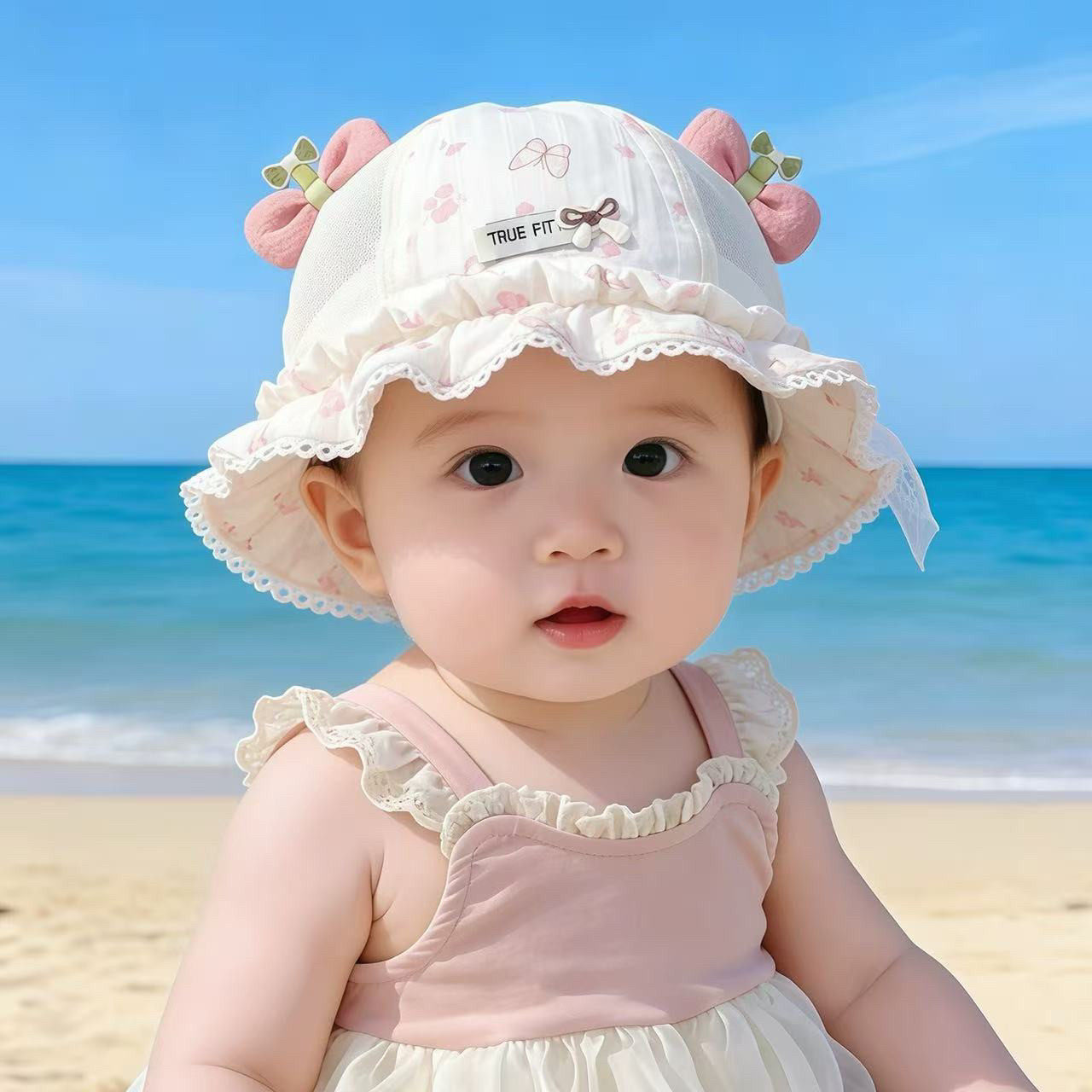 婴儿帽子夏季薄款遮阳防晒公主渔夫帽女宝宝网格小月龄可调节胎帽