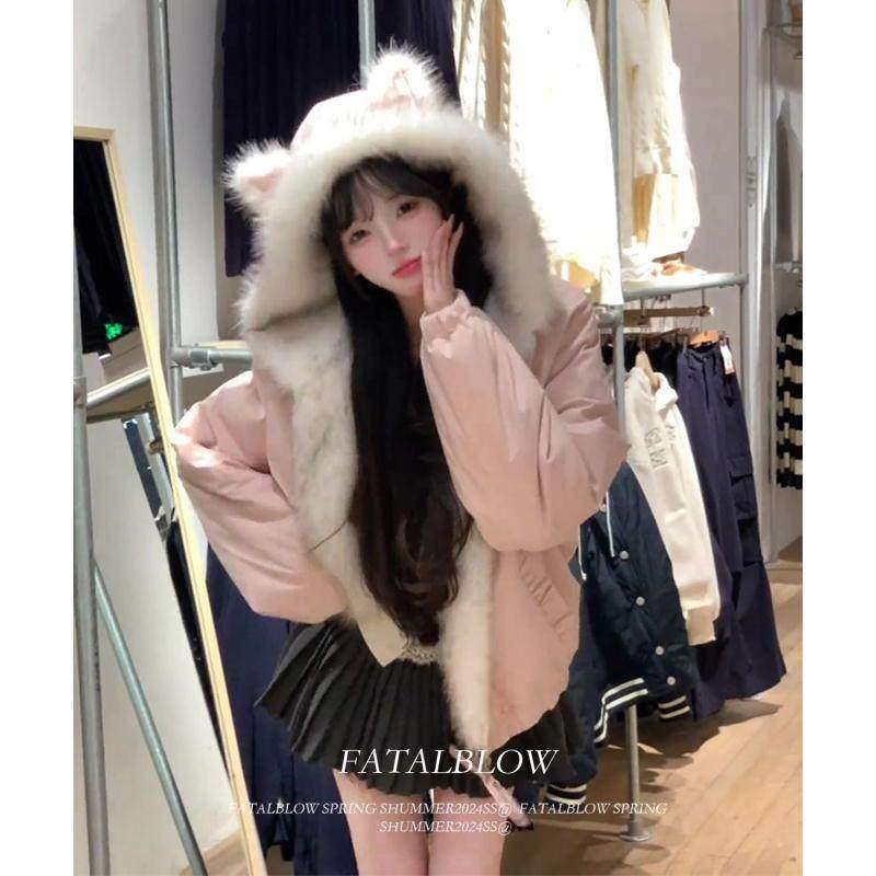 粉色可爱猫耳朵毛领连帽外套女装秋冬季棉服加绒加厚保暖棉袄上衣,个性定制/设计服务/DIY,棉服工装,淘宝优惠券,粉丝福利购,淘宝优惠卷