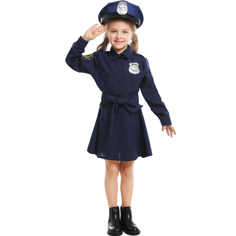 儿童欧美女警cosplay制服小女孩可爱职业装扮服装长袖连衣裙帽子
