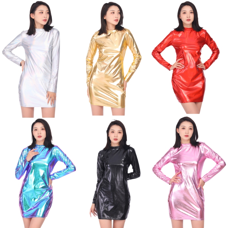 女士性感紧身包臀裙金色漆皮长袖连衣裙光面烫金仿皮短裙表演服装