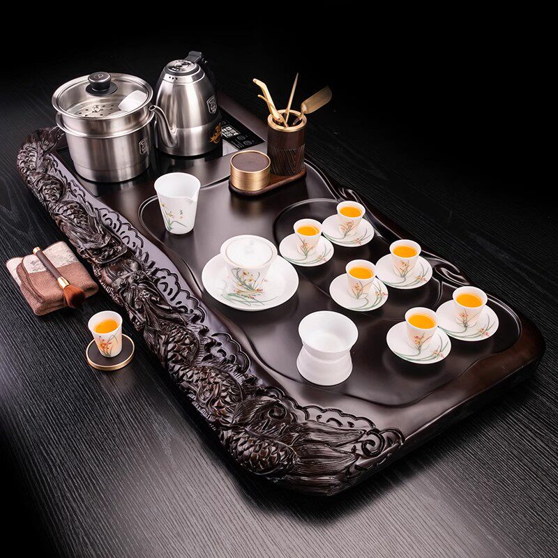 曾逸腾省大师冰种玉瓷整套茶具套装黑檀木全自动一体茶盘轻奢高档