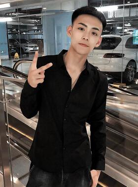 精神小伙秋季衬衫男长袖韩版修身百搭纯白色衬衣潮流休闲黑色寸衫