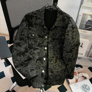 痞帅高级感外套 潮牌宽松情侣衣服男装 美式 腰果花牛仔夹克男春秋季