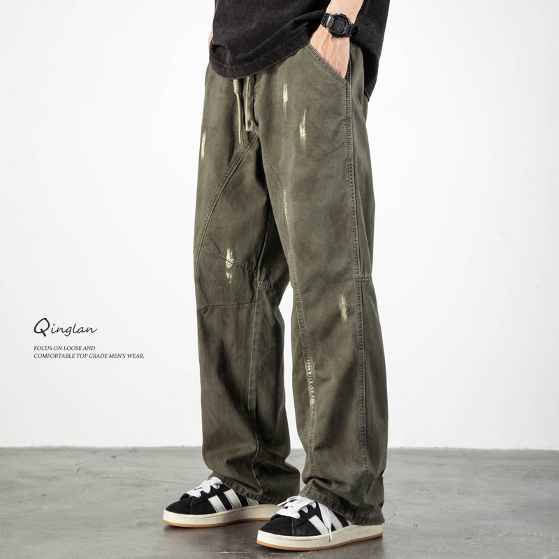 轻澜军绿色牛仔裤男直筒宽松美式休闲工装潮牌松紧腰裤子2026新款