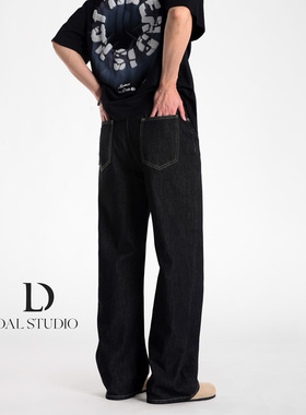 DAL 复古老钱风原牛黑色阔腿牛仔裤男2025年秋冬新款宽松休闲长裤