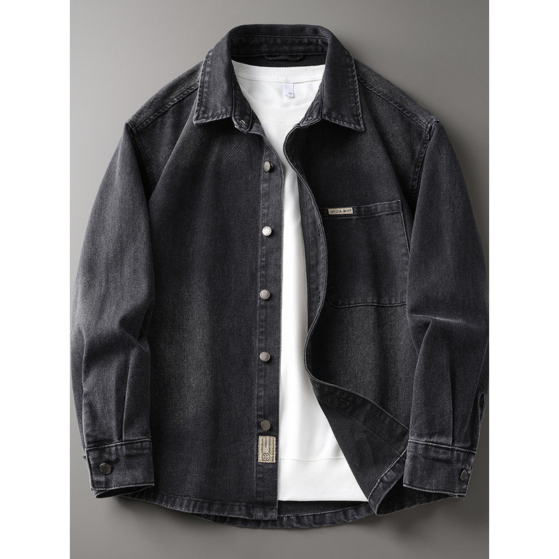 点霸浅黑色牛仔衬衫男士春秋美式潮牌纯色宽松大码水洗休闲外套