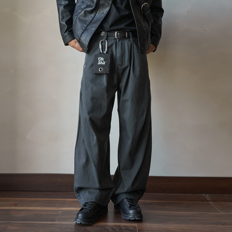 【雷纳伦】侧边双褶阔腿弯刀西裤男宽松直筒春秋老钱风休闲男裤子