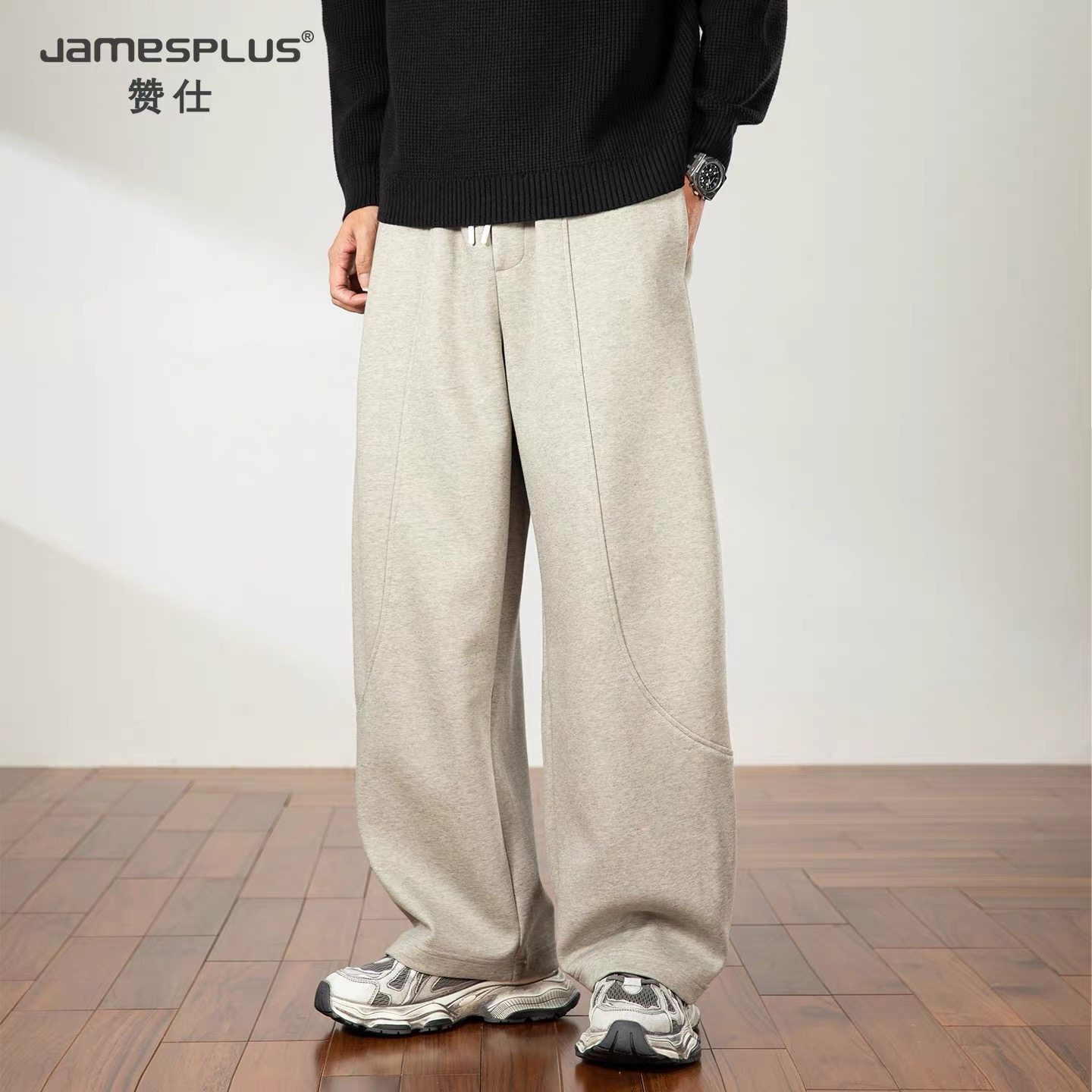 弯刀卫裤男加绒加厚针织2025新款秋冬季宽松直筒长裤休闲运动裤子