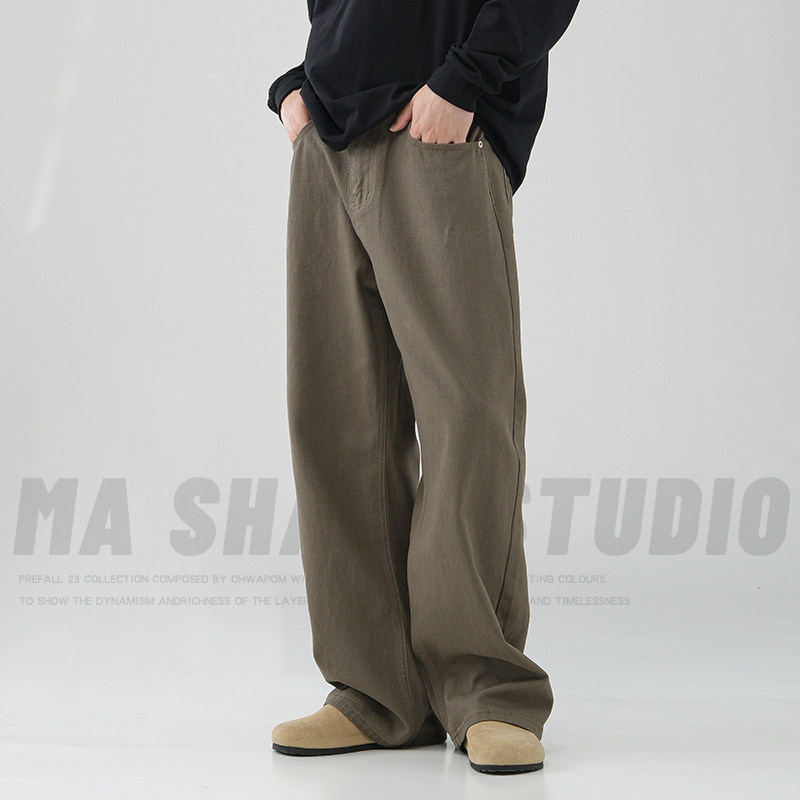 加绒加厚高街美拉德百搭牛仔裤男直筒宽松棕色休闲长裤子2025新款