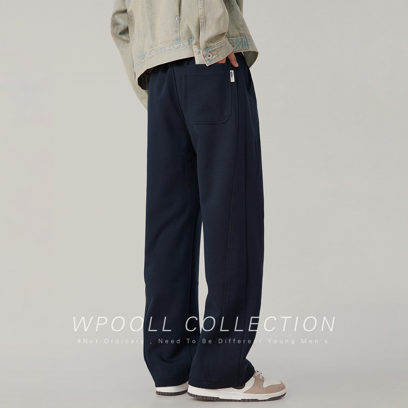 美式重磅加绒加厚运动卫裤男秋冬季深蓝色宽松直筒弹力休闲长裤子