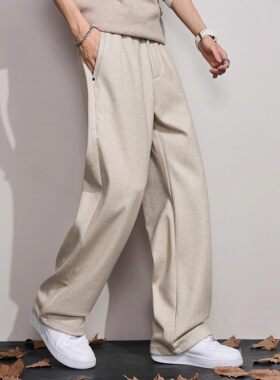 LQI休闲裤男秋冬加绒潮牌轻奢复古重磅毛呢垂坠感宽松阔腿裤