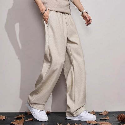 LQI休闲裤男秋冬加绒潮牌轻奢复古重磅毛呢垂坠感宽松阔腿裤