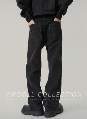 美式水洗黑色直筒牛仔裤男秋冬高街潮流男装宽松休闲男士加绒裤子