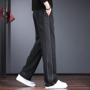 条纹撞色休闲裤子男秋冬款宽松直筒阔腿裤潮牌痞帅高级感加绒卫裤