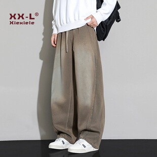 男士休闲裤2025秋冬季潮牌美式复古水洗宽松直筒弯刀加绒针织裤子