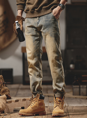 美式复古黄泥染牛仔裤男士秋季2025新款弹力直筒水洗做旧休闲裤子