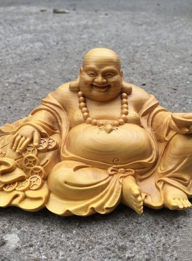 崖柏荷叶元宝弥勒佛木雕精雕工艺品家居室内书房装饰招财汽车摆件