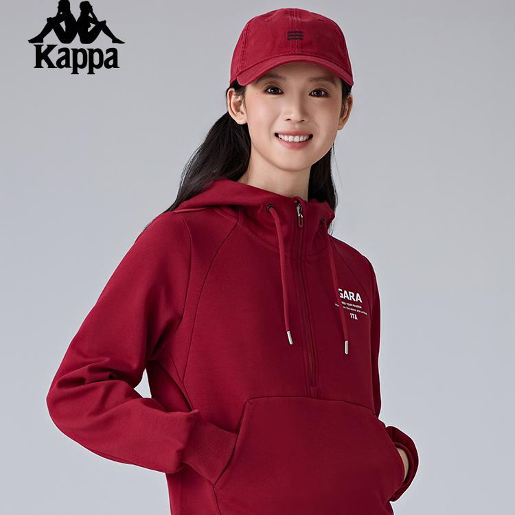 Kappa卡帕背靠背2025新款运动针织套头衫女款半拉链休闲连帽卫衣