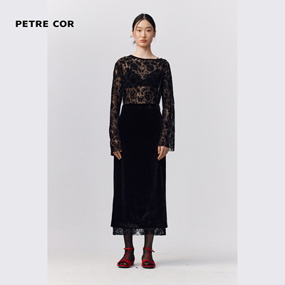 PETRE COR 独立设计师官方店24秋冬黑色蕾丝露肩上衣