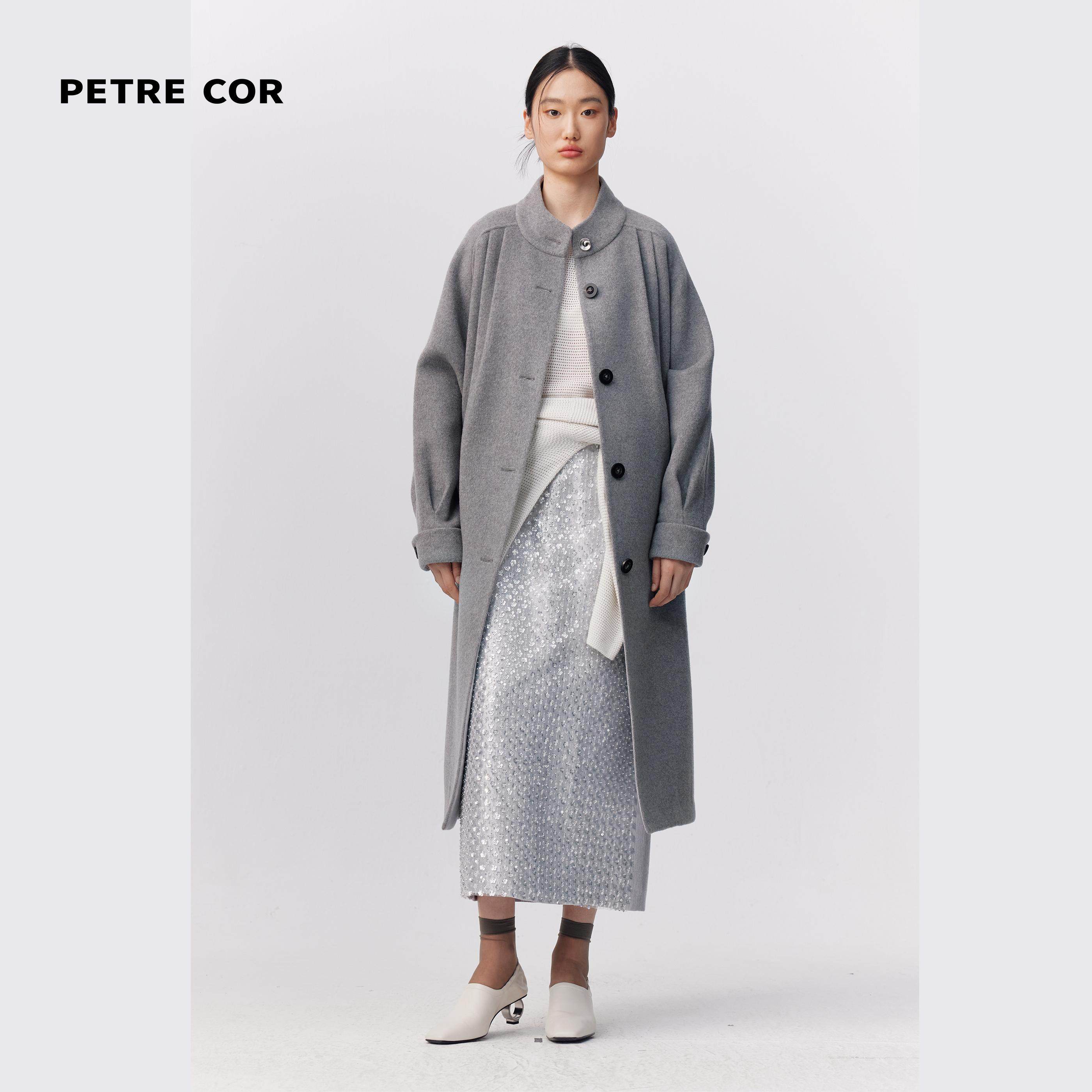 PETRE COR 独立设计师官方店24秋冬灰色落肩压褶长款大衣