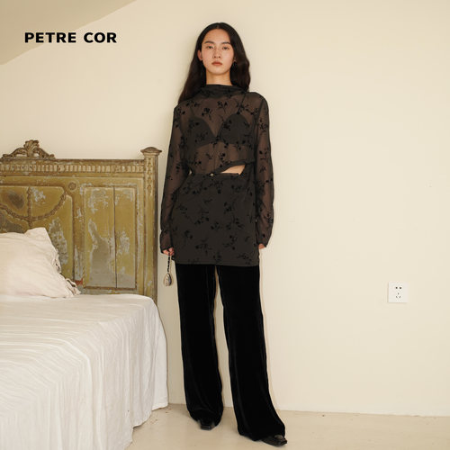 PETRECOR上衣小立领拼接透明